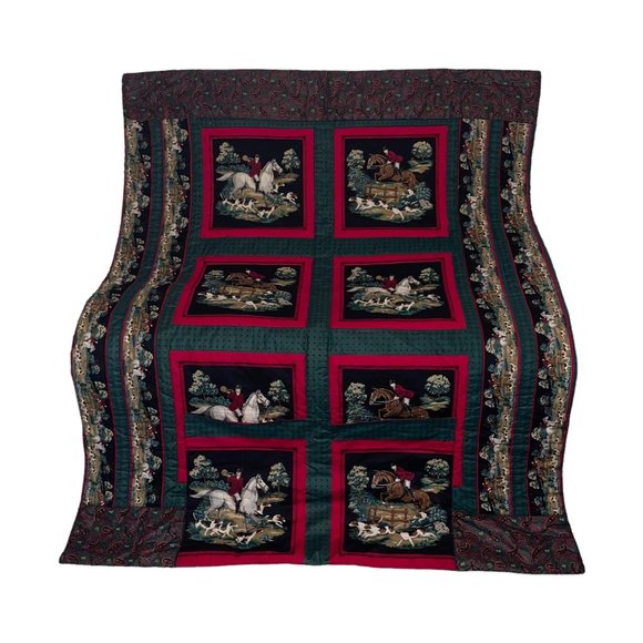 Hand Crafted Other - Handmade Vintage 70's Equestrian Horse Rider Beagle Hunting Paisley Quilt 66X52